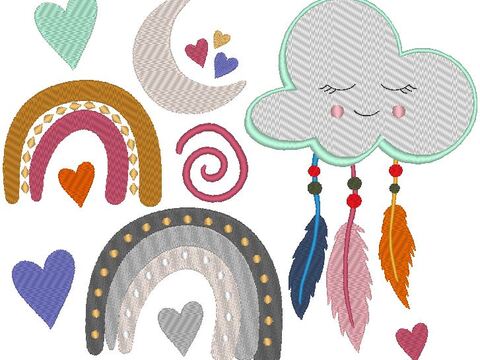 Boho Stickdatei Regenbogen Wolke Mond Herz Cute