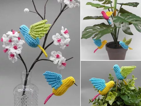 Little flying birds hanging decor & flower stakes simply from leftover yarn