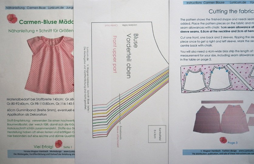 Schnitt und Anleitung Carmen-Bluse für Mädchen Größe 68-140