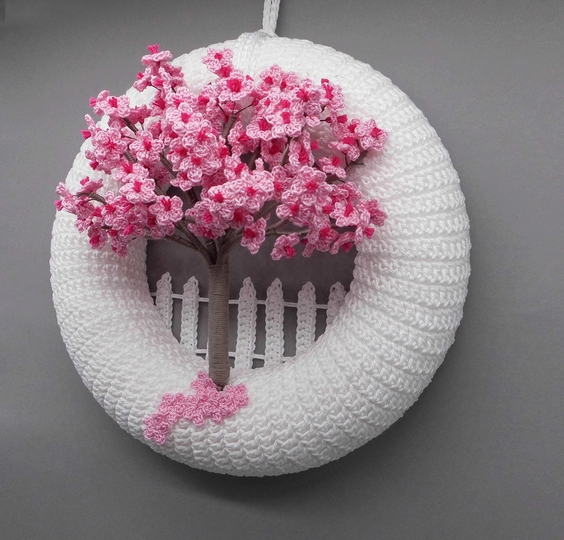Crochet pattern cherry blossom door wreath