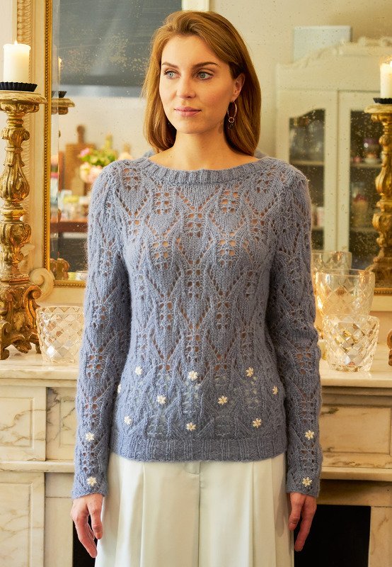 Strickanleitung: Ajourpullover mit aufgestickten Perlen-Blüten - Bild 3