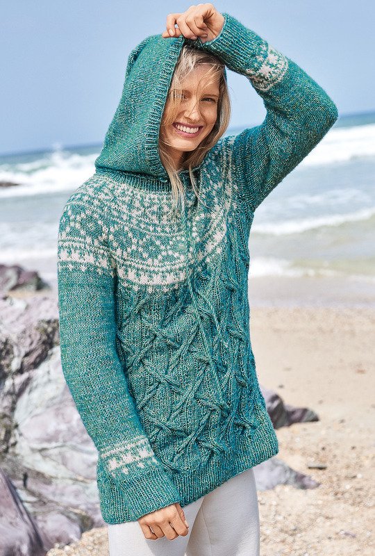 Strickanleitung: Kapuzenpulli mit Jacquardpasse in Türkis und Weiß - Bild 2