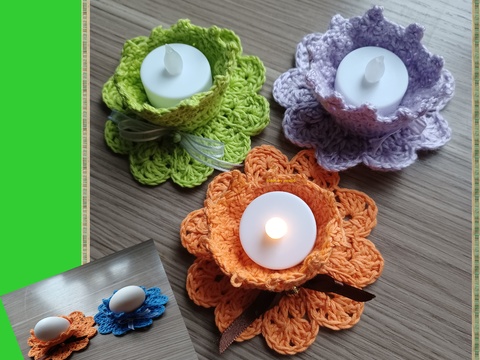 Häkelanleitung Blütenkrönchen als Eierbecher / Teelichthalter