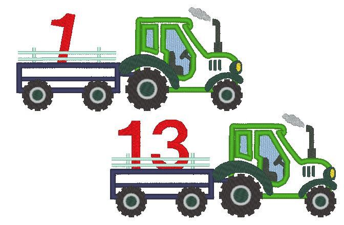 Zwei gestickte grüne Traktoren mit Anhängern und roten Zahlen 1 und 13