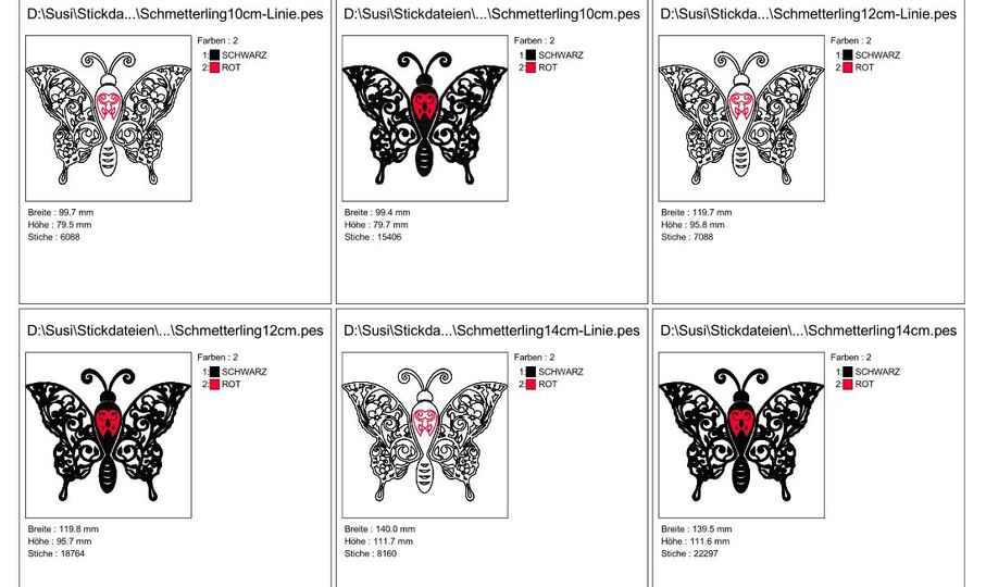 Stickdatei - Schmetterling Linie und Schnörkel Blumen Silhouette