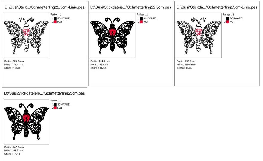 Stickdatei - Schmetterling Linie und Schnörkel Blumen Silhouette