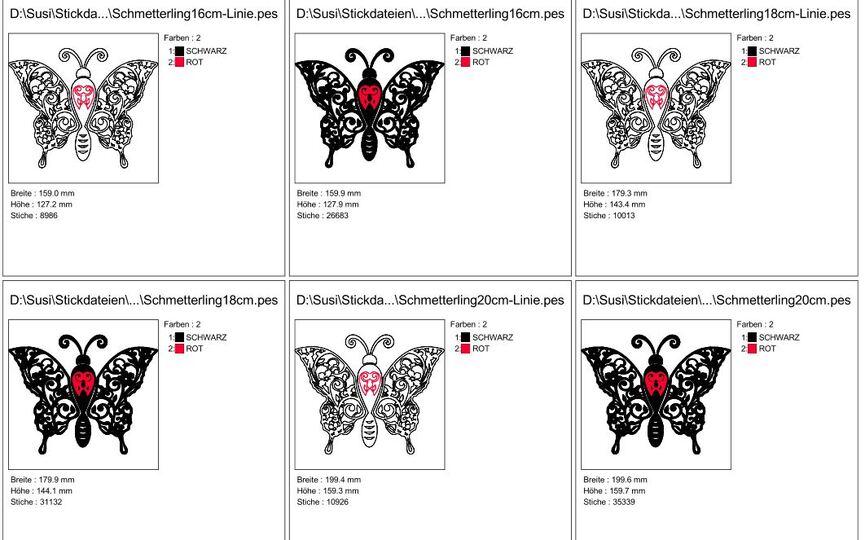 Stickdatei - Schmetterling Linie und Schnörkel Blumen Silhouette