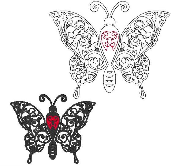 Stickdatei - Schmetterling Linie und Schnörkel Blumen Silhouette