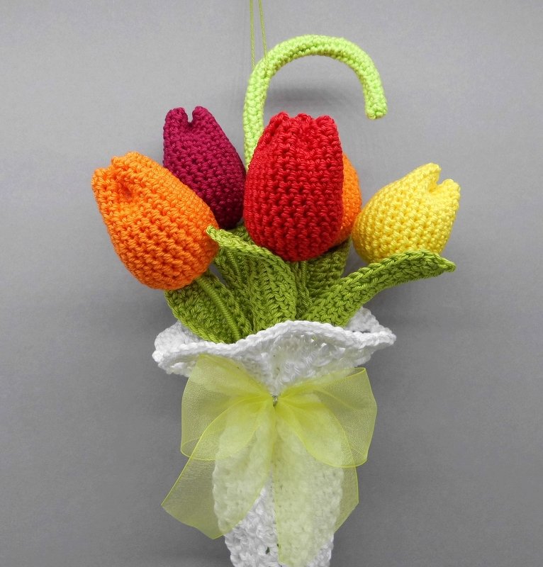 Häkel-Deko Tulpen im Regenschirm für Tür und Tisch - aus Wollresten - Bild 3