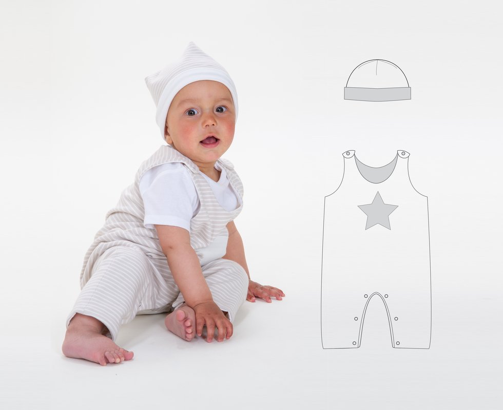 Baby Wendeoverall &amp; Mütze – SAND + BUBU PDF Schnittmuster Set (56–98)