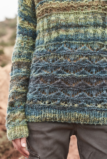 Strickanleitung: Pulli im Mustermix in Petrol-Kiwi-Holz meliert