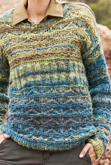 Strickanleitung: Pulli im Mustermix in Petrol-Kiwi-Holz meliert