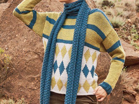 Strickanleitung: Pulli mit Jacquardbordüre und Schal