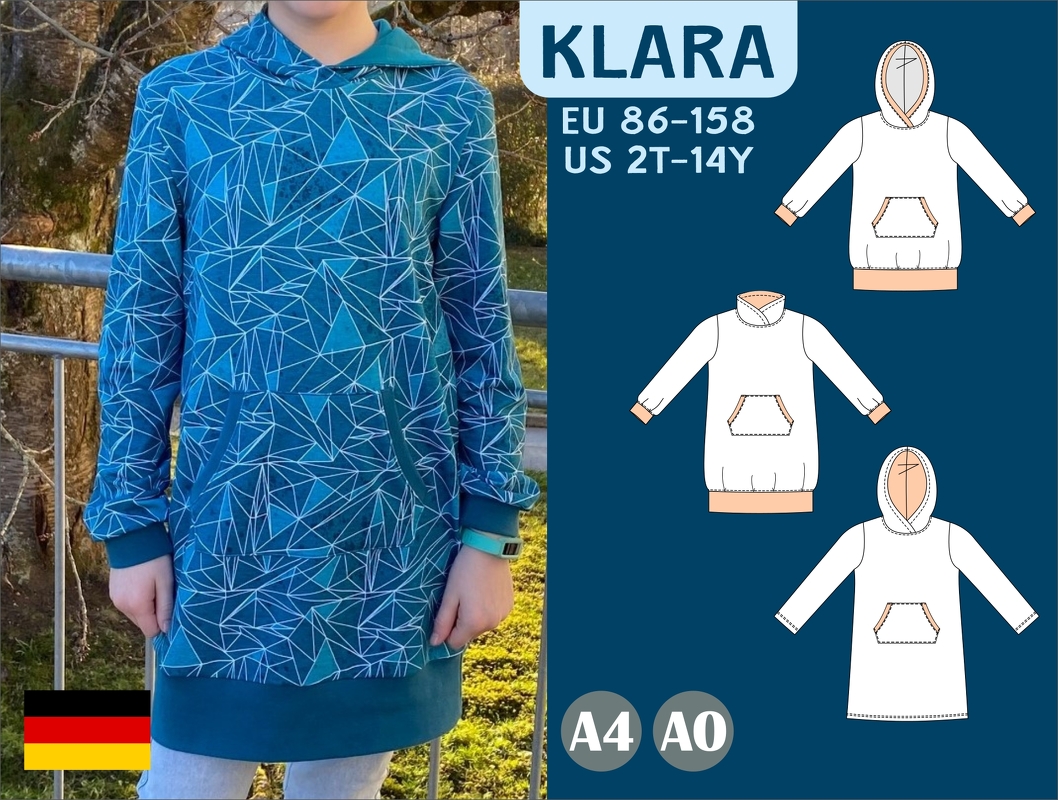 Klara – Sweatkleid/Longhoodie für Kinder mit Kapuze/Wickelkragen Gr. 86-158