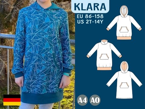 Klara – Sweatkleid/Longhoodie für Kinder mit Kapuze/Wickelkragen Gr. 86-158