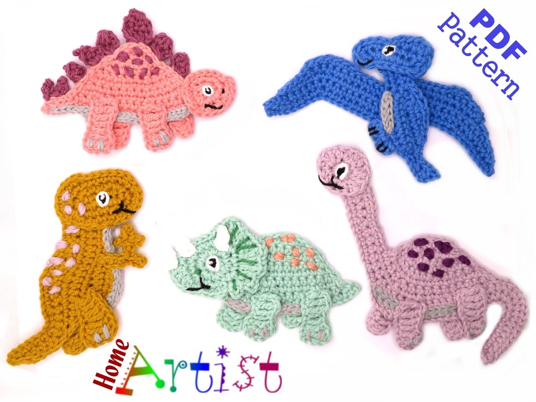 5 Dinos Crochet Applique pattern