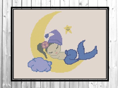 Cross stitch pattern, Little mermaid sleeping on the moon