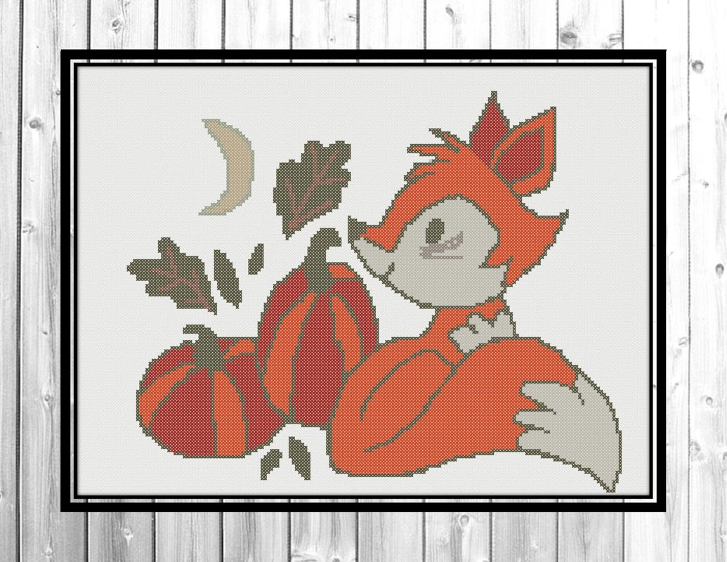 Fox with pumpkins cross stitch pattern