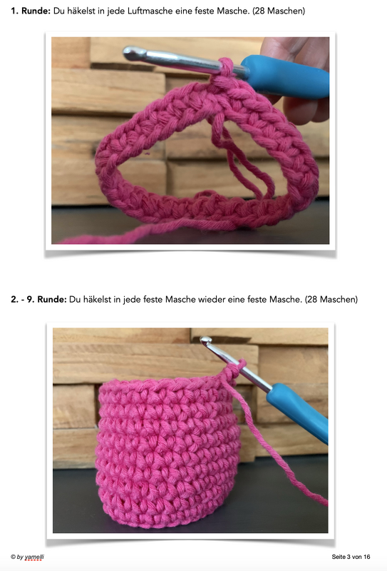 Zwei Fotos einer Häkelanleitung: erste Runde feste Maschen und höher gehäkeltes, zylindrisches rosa Stück