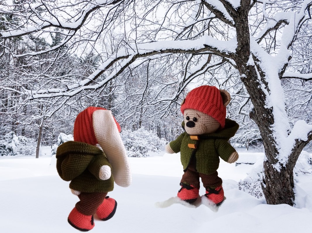 Two amigurumi dolls wearing hooded toggle coats, ribbed beanies and red boots on snowy ground.
