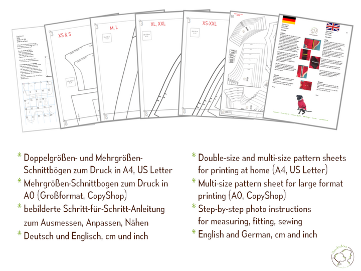 TIRIM dog coat, bathrobe, XS–XXL, sewing pattern