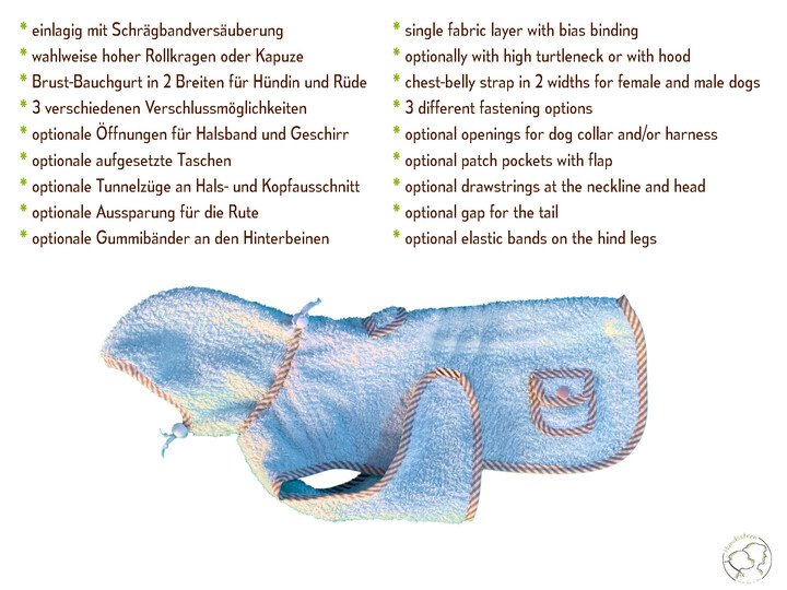 TIRIM dog coat, bathrobe, XS–XXL, sewing pattern