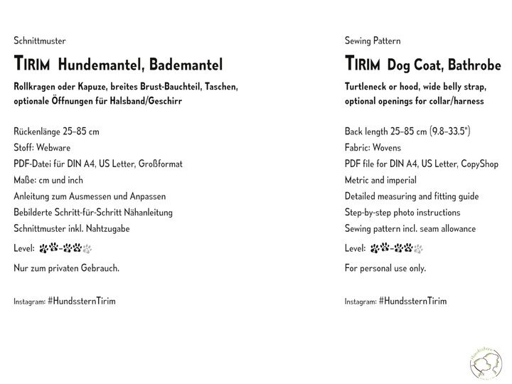 TIRIM dog coat, bathrobe, XS–XXL, sewing pattern