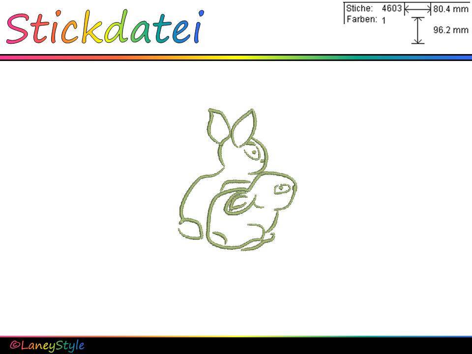 Grünes Umriss-Stickmotiv von zwei Hasen mit sichtbaren Maßangaben 80,4 × 96,2 mm