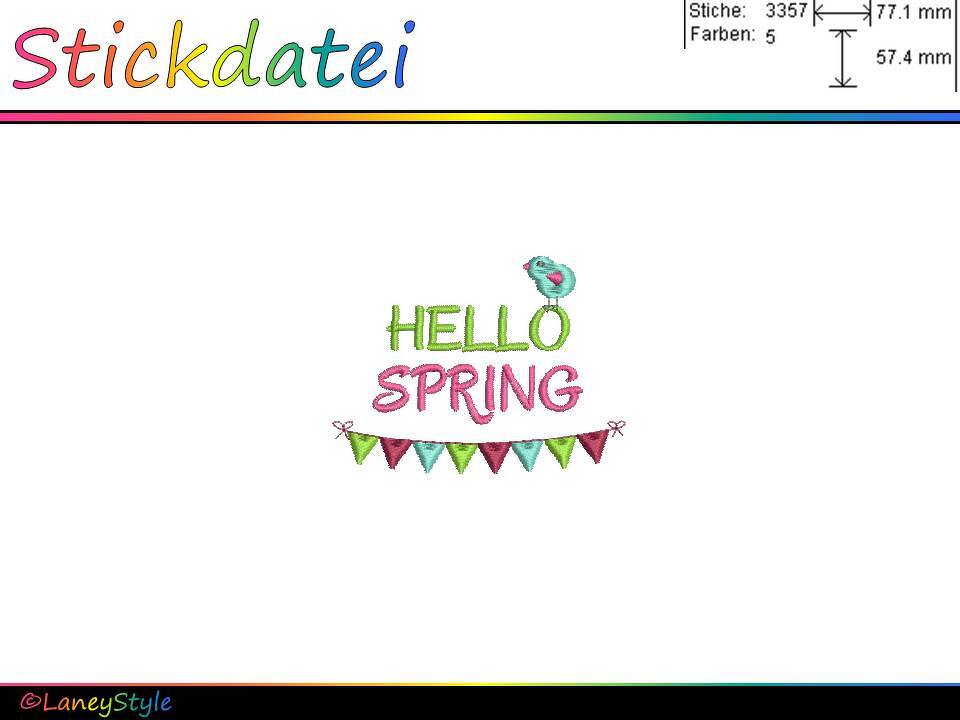 Stickdatei "Hello Spring" mit Wimpelkette & Vögelchen