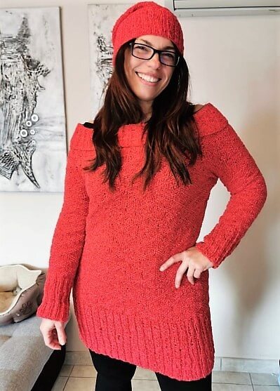 Strickpulli CARMEN mit Carmenkragen und Beanie, RVO für alle Größen