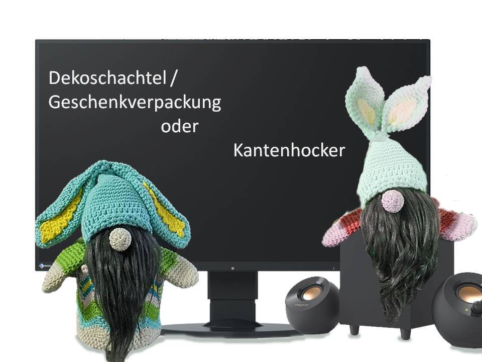 Zwei gehäkelte Osterwichtel mit Hasenohren als Kantenhocker