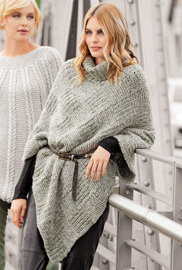 Strickanleitung: Grauer Poncho mit Quadratmuster und Rollkragen