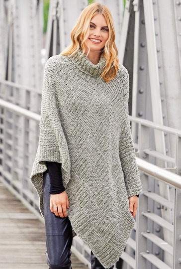 Strickanleitung: Grauer Poncho mit Quadratmuster und Rollkragen