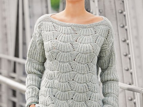 Strickanleitung: Mintfarbener Pulli mit Fächermuster und U-Boot-Ausschnitt