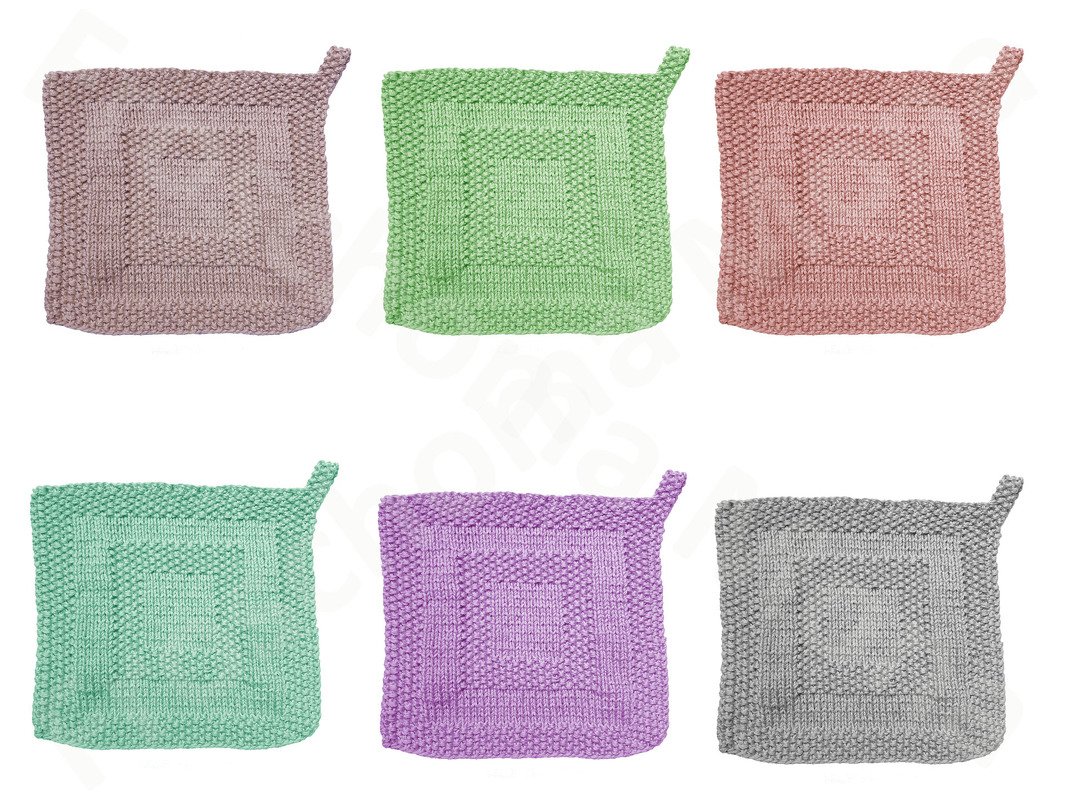 Sechs quadratische gestrickte Topflappen in Pastell- und Erdtönen mit Schlaufen