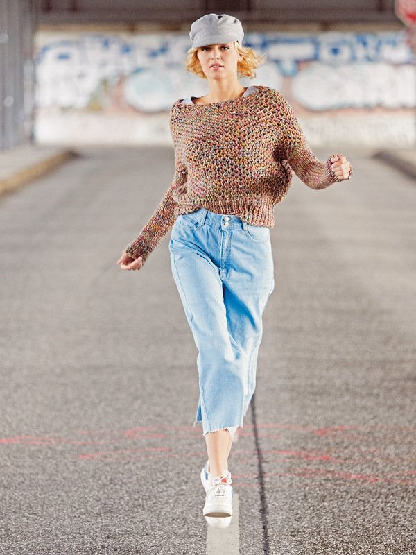 Strickanleitung: Grün-gelb-rot melierter Pulli im Netzpatent