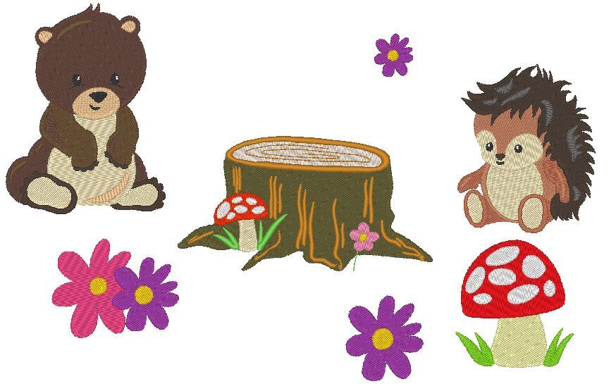 Mehrere Stickmotive: sitzender Bär, sitzender Igel, Baumstumpf, Pilze und bunte Blumen auf weißem Hintergrund.