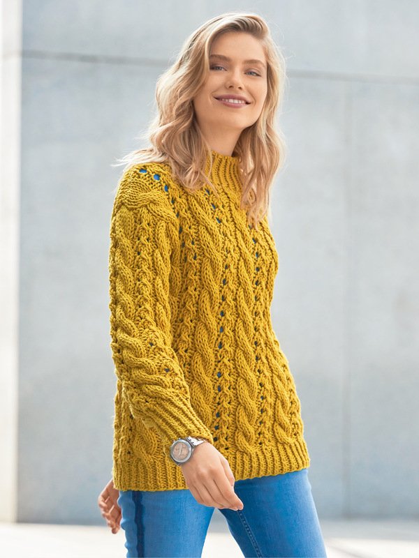 Strickanleitung: Senfgelber Pulli im Zopf-Ajourmuster