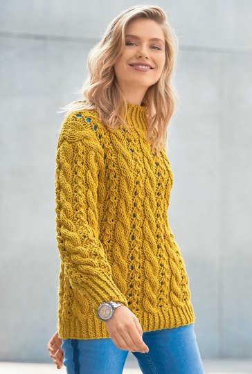 Strickanleitung: Senfgelber Pulli im Zopf-Ajourmuster