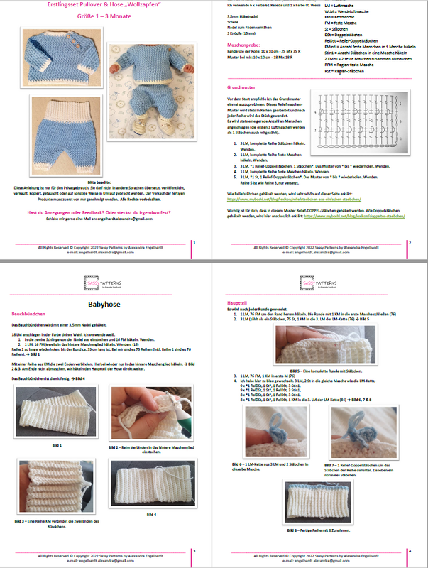 Crochet pattern pages and finished blue-and-white baby sweater and pants set, with diagrams and photos.