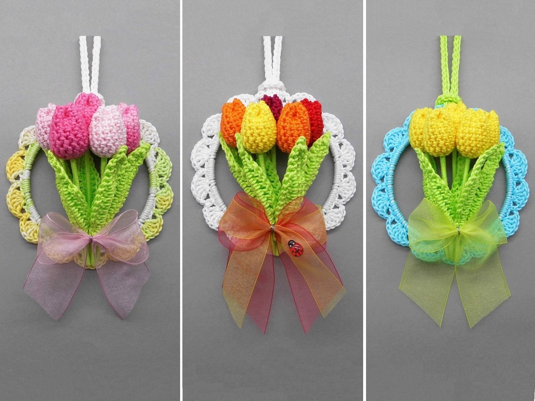 Small tulips hanging decoration for door &amp; window from leftover yarn