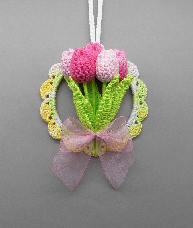 Small tulips hanging decoration for door &amp; window from leftover yarn