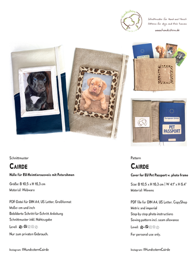 CAIRDE Cover for EU Pet Passport sewing pattern for fraying fabrics