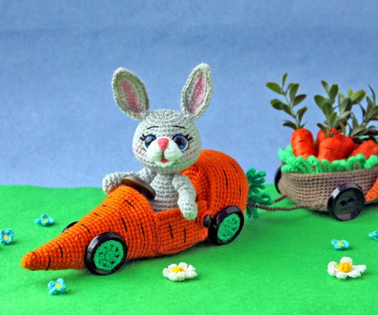 Easter bunny with a personal carrot car