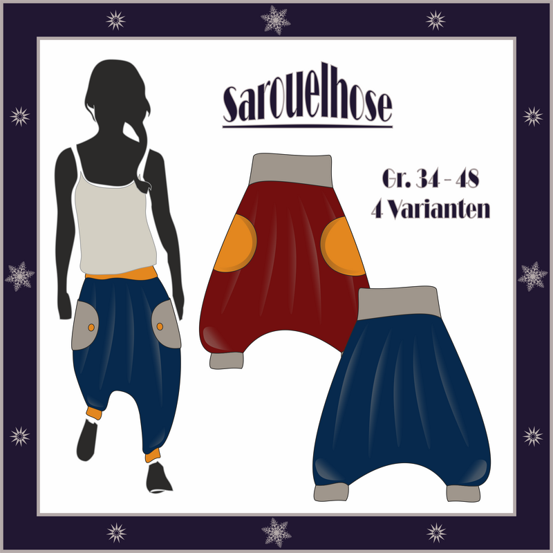 Illustration von vier Sarouelhosen-Varianten mit weitem Schnitt, tiefem Schritt, elastischem Bund und aufgesetzten Taschen