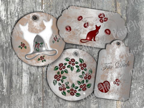 Vorlage Silber und Gold Etiketten Katzen und Rosen, shabby chic Vintage