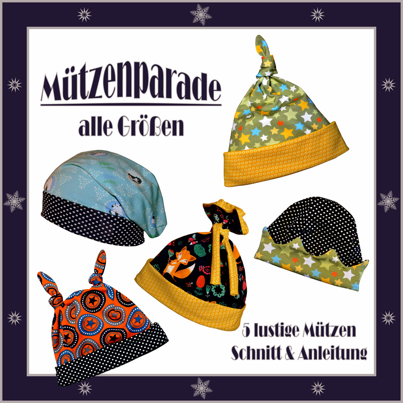 Fünf bunte Baby- und Kindermützen mit Stern-, Fuchs- und Punktmustern in verschiedenen Formen