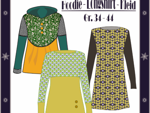 Nähanleitung Schnittmuster Hoodie, Longshirt, Kleid Gr. 34 - 44