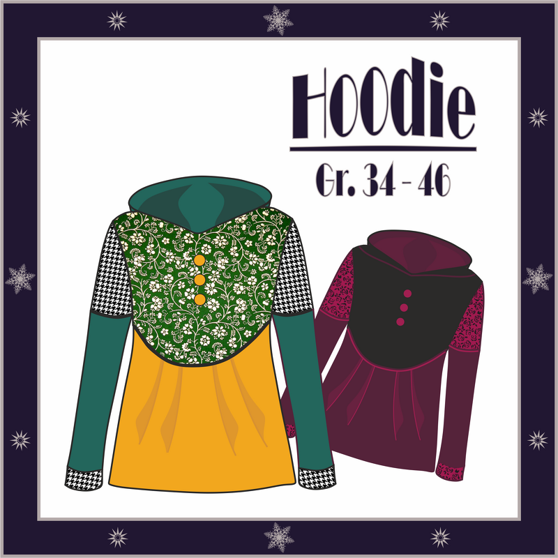 Illustration zweier Damen‑Hoodies mit Schalkragen‑Kapuze, geschwungener vorderer Passe, Knopfleiste und kontrastierenden Ärmeln