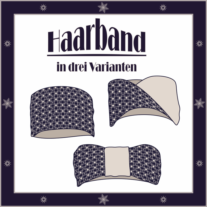 Drei gezeichnete Haarband-Modelle mit dunkelblau-beigem geometrischem Muster und dem Schriftzug 'Haarband in drei Varianten'.